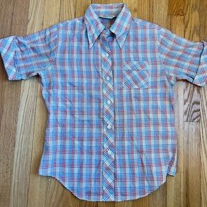 Vintage 70s Red Blue Plaid  Button Up Short Sleeve Women Sm Blouse Classic Shirt